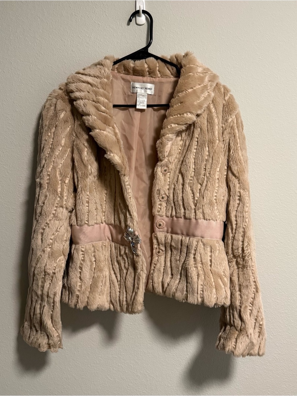 Faux Fur Taupe Women's Jacket with Satin Waist Detail